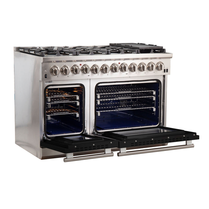 Forno 48" Capriasca Dual Fuel Range with 8 Gas Burners and 240v Electric Oven in Stainless Steel with Black Door (FFSGS6187-48BLK)