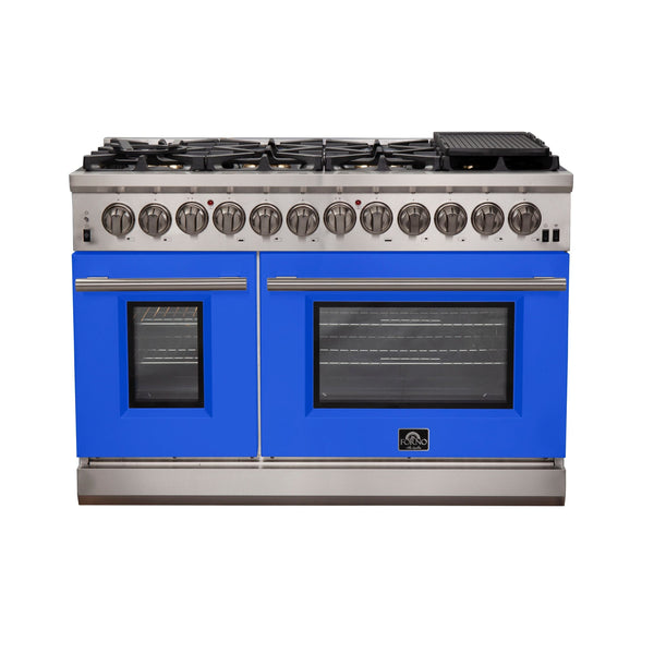 Forno 48" Capriasca Dual Fuel Range with 8 Gas Burners and 240v Electric Oven in Stainless Steel with Blue Door (FFSGS6187-48BLU)