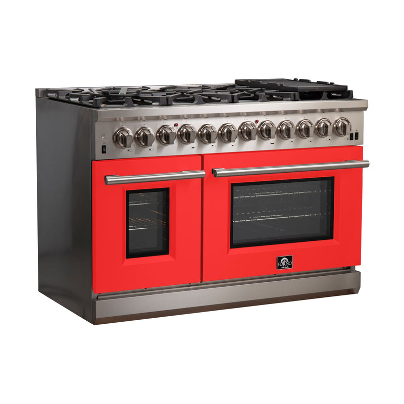 Forno 48" Capriasca Dual Fuel Range with 8 Gas Burners and 240v Electric Oven in Stainless Steel with Red Door (FFSGS6187-48RED)