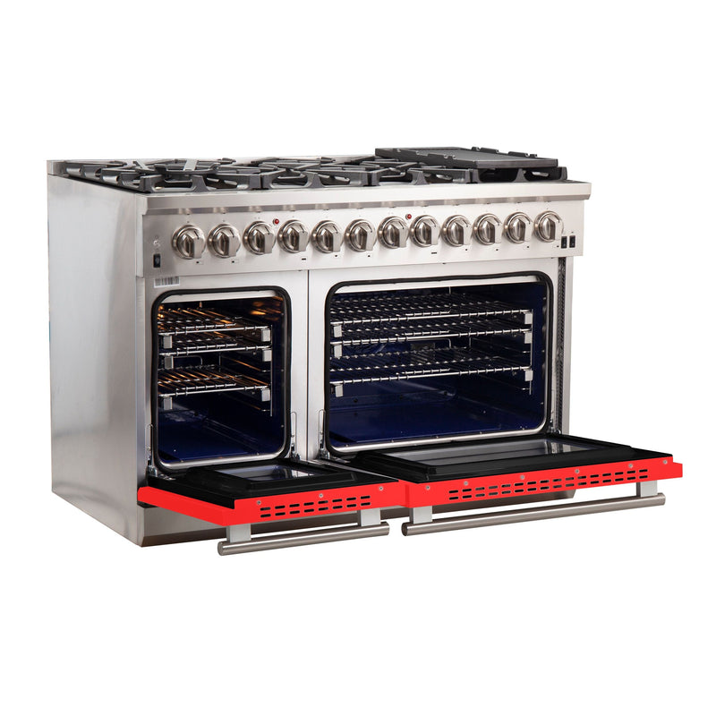 Forno 48" Capriasca Dual Fuel Range with 8 Gas Burners and 240v Electric Oven in Stainless Steel with Red Door (FFSGS6187-48RED)