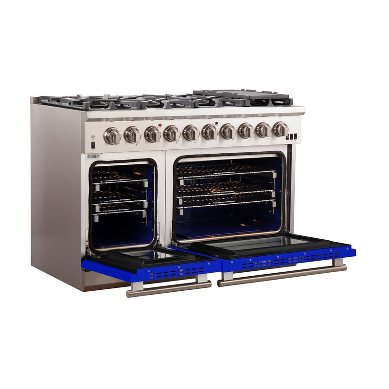 Forno 48" Capriasca Gas Range with 8 Gas Burners and Convection Oven in Stainless Steel with Blue Door  (FFSGS6260-48BLU)