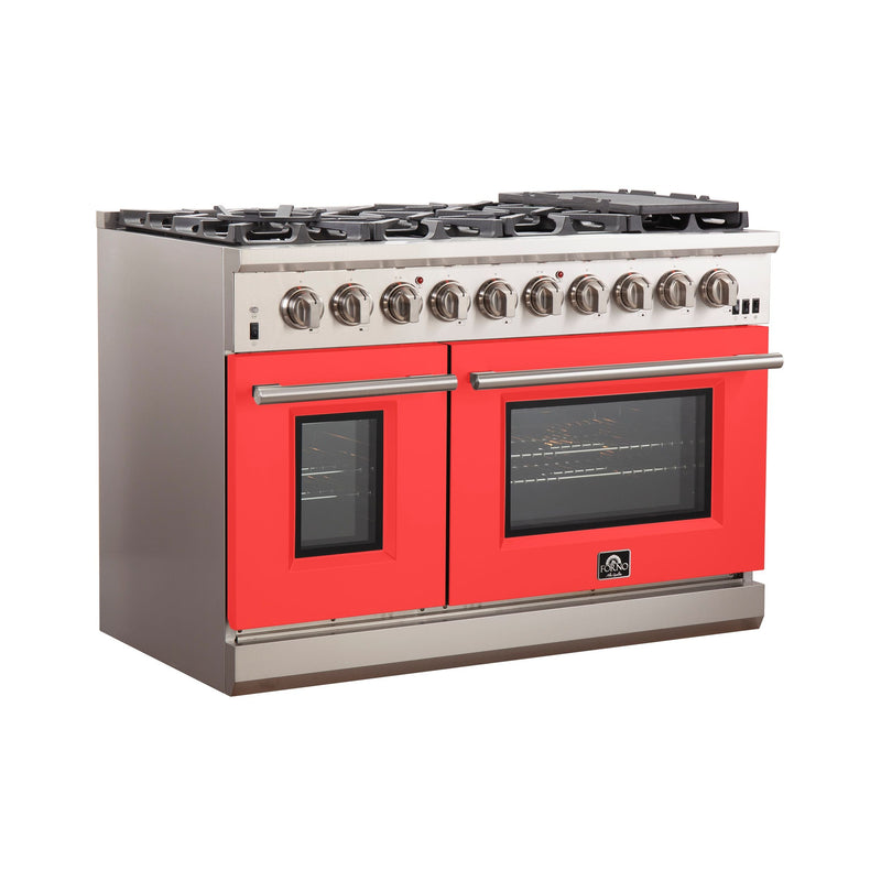 Forno 48" Capriasca Gas Range with 8 Gas Burners and Convection Oven in Stainless Steel with Red Door (FFSGS6260-48RED)