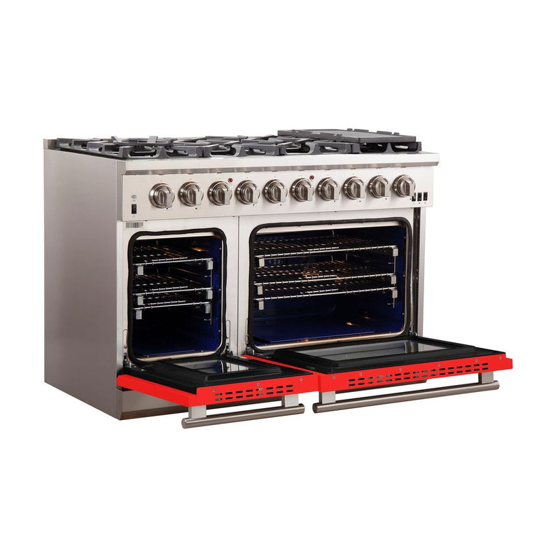 Forno 48" Capriasca Gas Range with 8 Gas Burners and Convection Oven in Stainless Steel with Red Door (FFSGS6260-48RED)