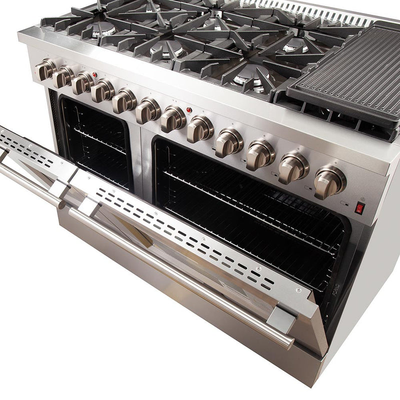 Forno 48" Galiano Dual Fuel Range - Gas Cooktop with 240v Electric Oven - 8 Burners, Griddle, and Double Oven (FFSGS6156-48)