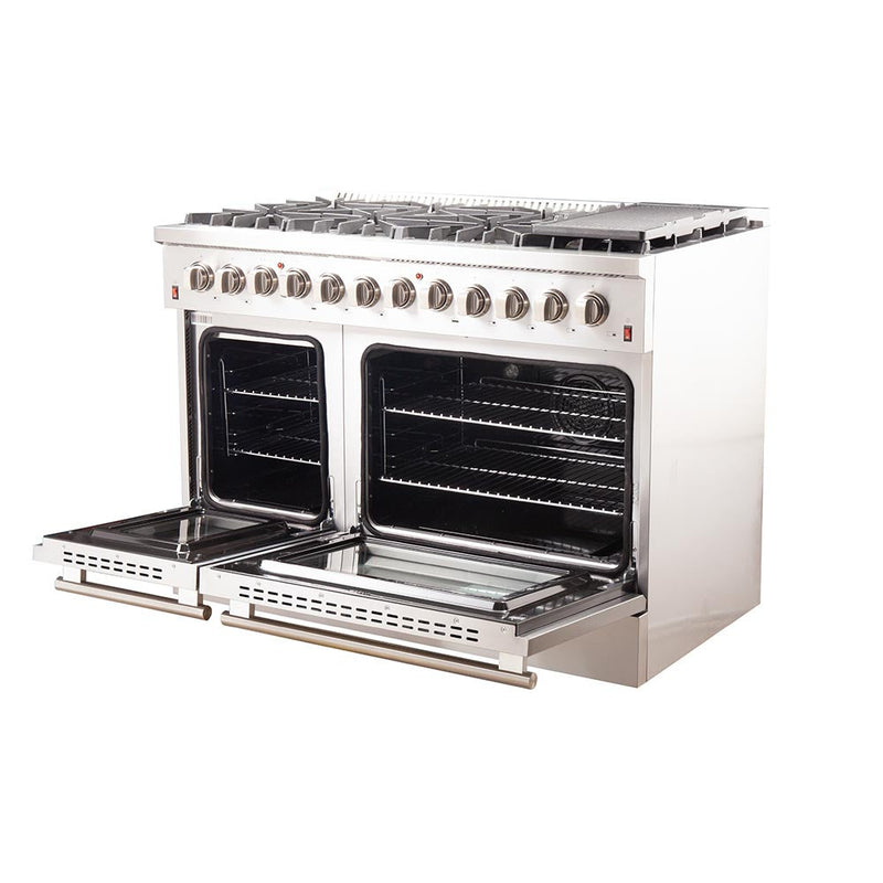 Forno 48" Galiano Dual Fuel Range - Gas Cooktop with 240v Electric Oven - 8 Burners, Griddle, and Double Oven (FFSGS6156-48)