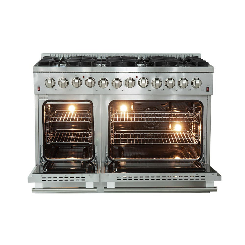 Forno 48" Galiano Dual Fuel Range - Gas Cooktop with 240v Electric Oven - 8 Burners, Griddle, and Double Oven (FFSGS6156-48)