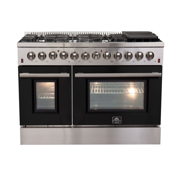 Forno 48" Galiano Dual Fuel Range with 8 Gas Burners and 240v Electric Oven in Stainless Steel with Black Door (FFSGS6156-48BLK)