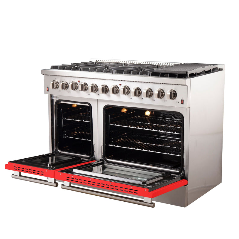 Forno 48" Galiano Dual Fuel Range with 8 Gas Burners and 240v Electric Oven in Stainless Steel with Door (FFSGS6156-48RED)