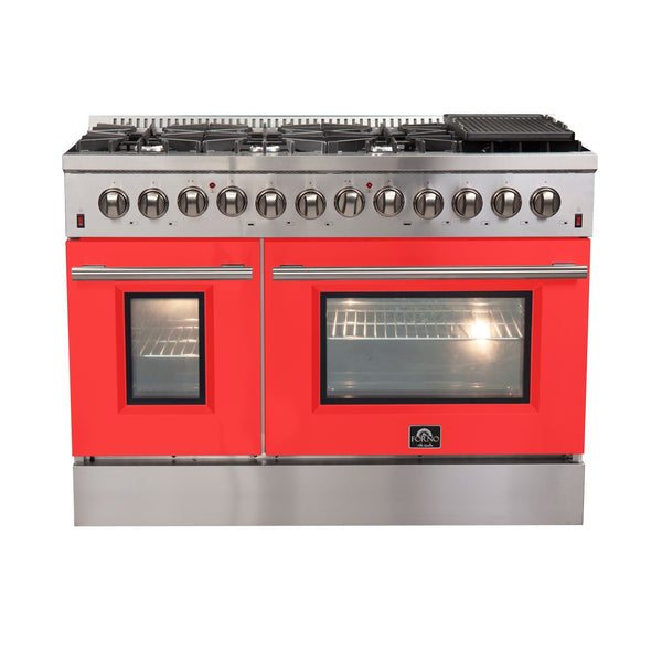 Forno 48" Galiano Dual Fuel Range with 8 Gas Burners and 240v Electric Oven in Stainless Steel with Door (FFSGS6156-48RED)