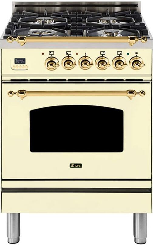 ILVE 24" Nostalgie - Dual Fuel Range with 4 Sealed Burners - 2.44 cu. ft. Oven - Brass Trim in Antique White (UPN60DMPA)