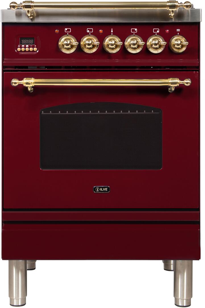 ILVE 24" Nostalgie - Dual Fuel Range with 4 Sealed Burners - 2.44 cu. ft. Oven - Brass Trim in Burgundy (UPN60DMPRB)