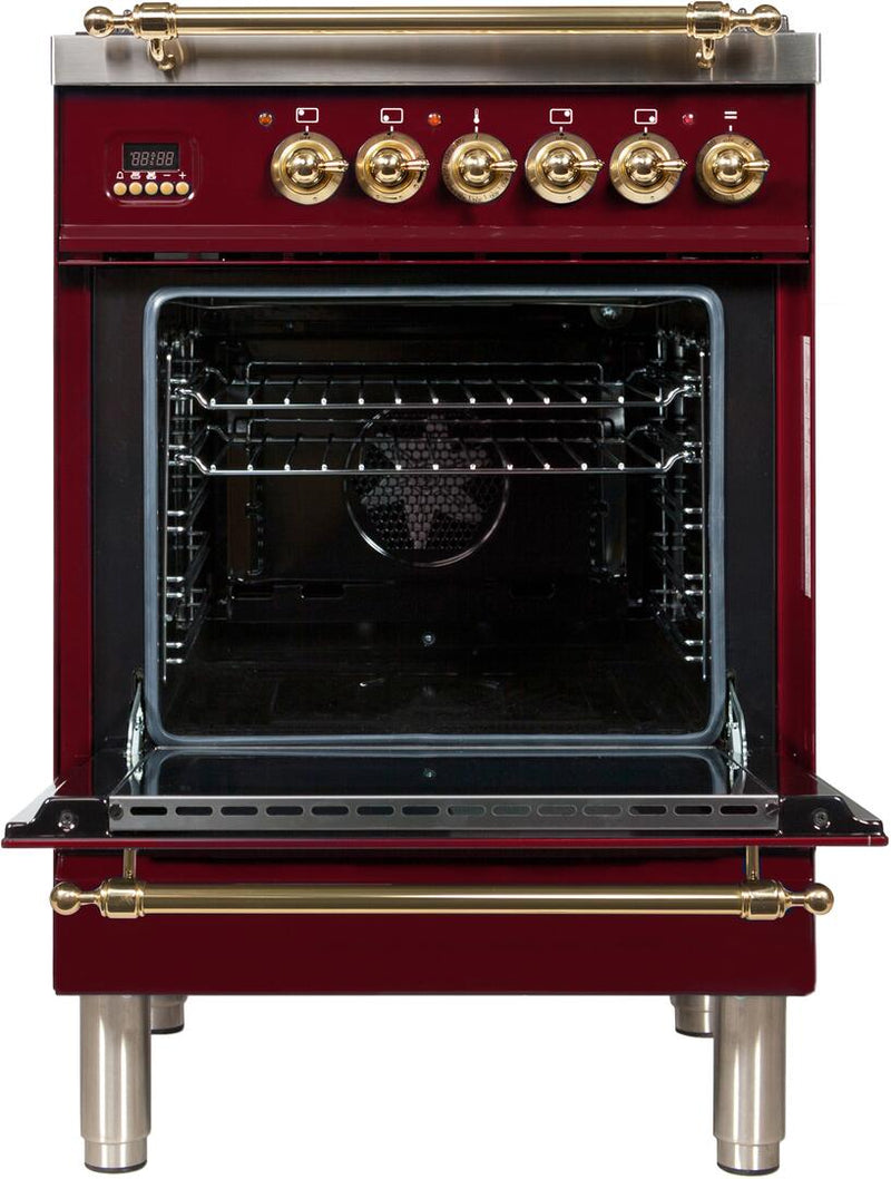 ILVE 24" Nostalgie - Dual Fuel Range with 4 Sealed Burners - 2.44 cu. ft. Oven - Brass Trim in Burgundy (UPN60DMPRB)