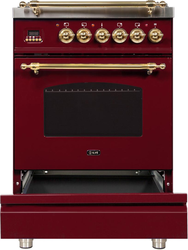 ILVE 24" Nostalgie - Dual Fuel Range with 4 Sealed Burners - 2.44 cu. ft. Oven - Brass Trim in Burgundy (UPN60DMPRB)