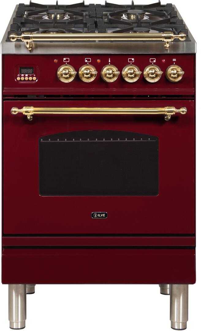 ILVE 24" Nostalgie - Dual Fuel Range with 4 Sealed Burners - 2.44 cu. ft. Oven - Brass Trim in Burgundy (UPN60DMPRB)