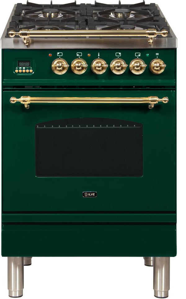 ILVE 24" Nostalgie - Dual Fuel Range with 4 Sealed Burners - 2.44 cu. ft. Oven - Brass Trim in Emerald Green (UPN60DMPVS)