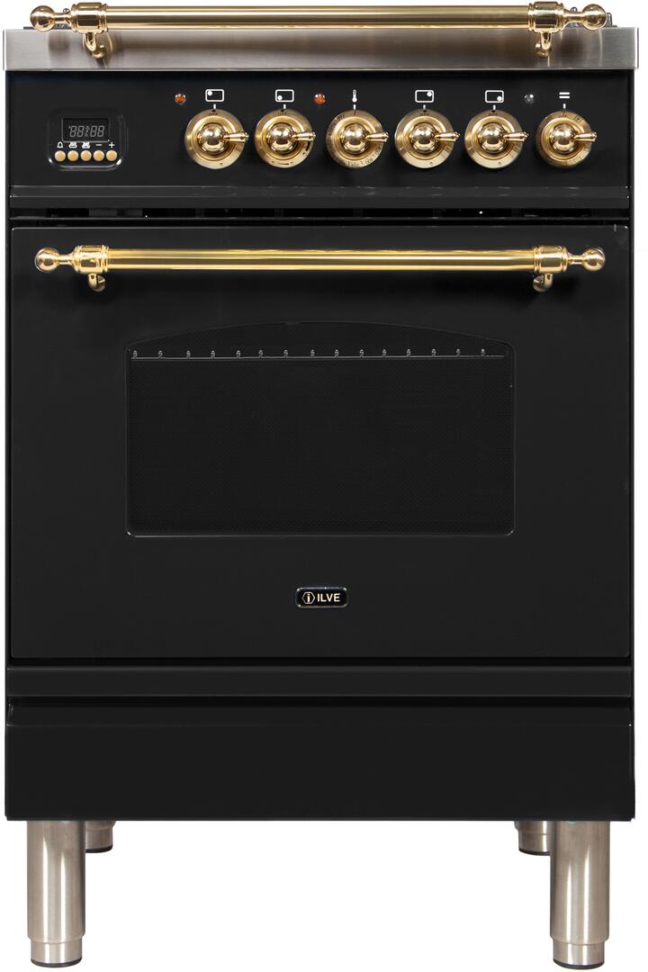 ILVE 24" Nostalgie - Dual Fuel Range with 4 Sealed Burners - 2.44 cu. ft. Oven - Brass Trim in Glossy Black (UPN60DMPN)