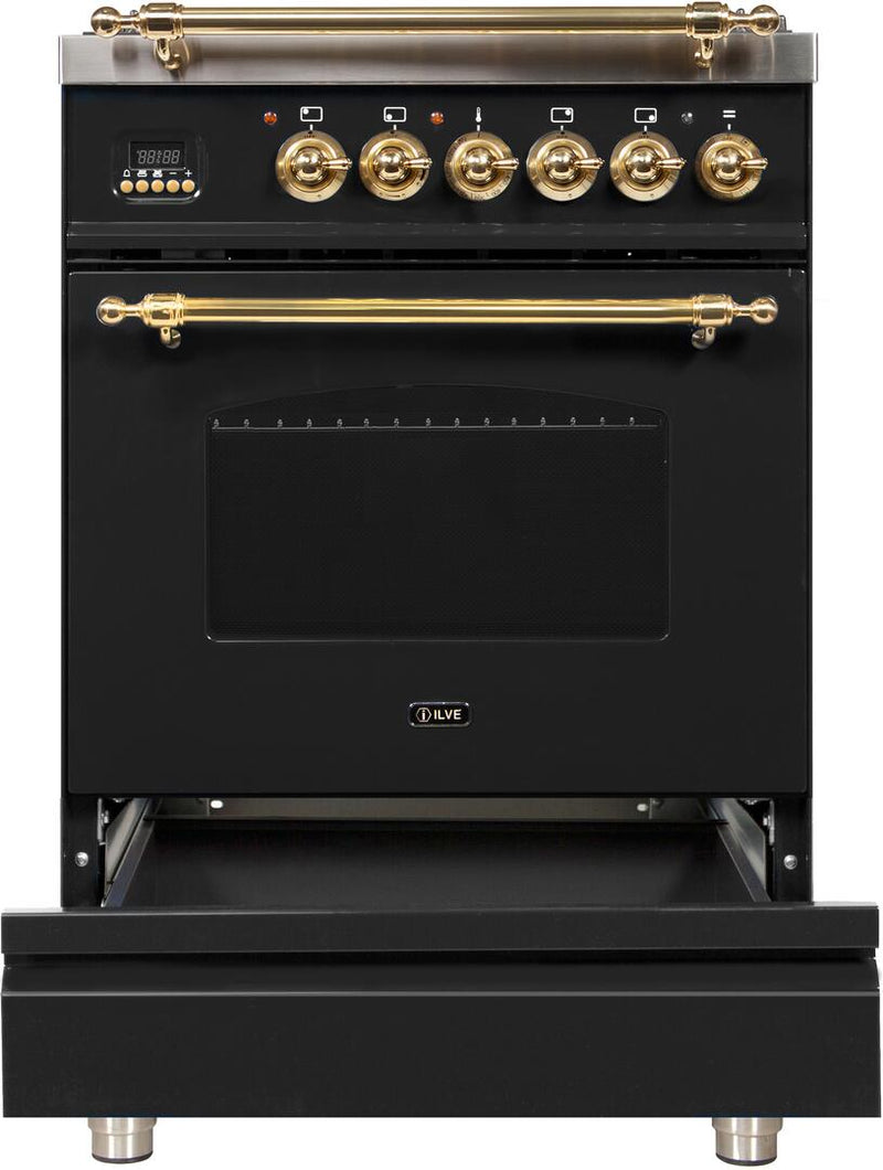 ILVE 24" Nostalgie - Dual Fuel Range with 4 Sealed Burners - 2.44 cu. ft. Oven - Brass Trim in Glossy Black (UPN60DMPN)