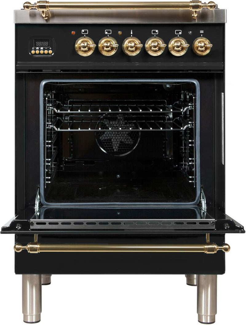 ILVE 24" Nostalgie - Dual Fuel Range with 4 Sealed Burners - 2.44 cu. ft. Oven - Brass Trim in Glossy Black (UPN60DMPN)