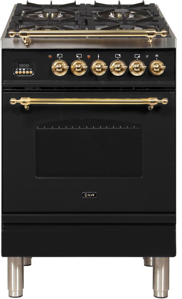 ILVE 24" Nostalgie - Dual Fuel Range with 4 Sealed Burners - 2.44 cu. ft. Oven - Brass Trim in Glossy Black (UPN60DMPN)