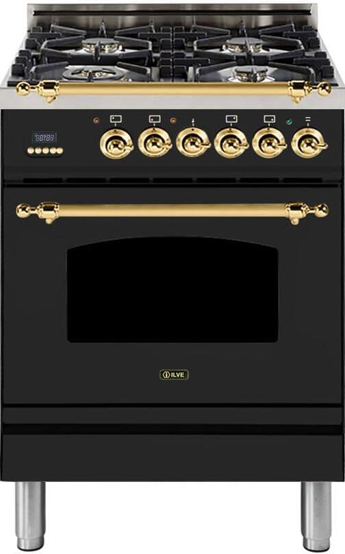 ILVE 24" Nostalgie - Dual Fuel Range with 4 Sealed Burners - 2.44 cu. ft. Oven - Brass Trim in Matte Graphite (UPN60DMPM)