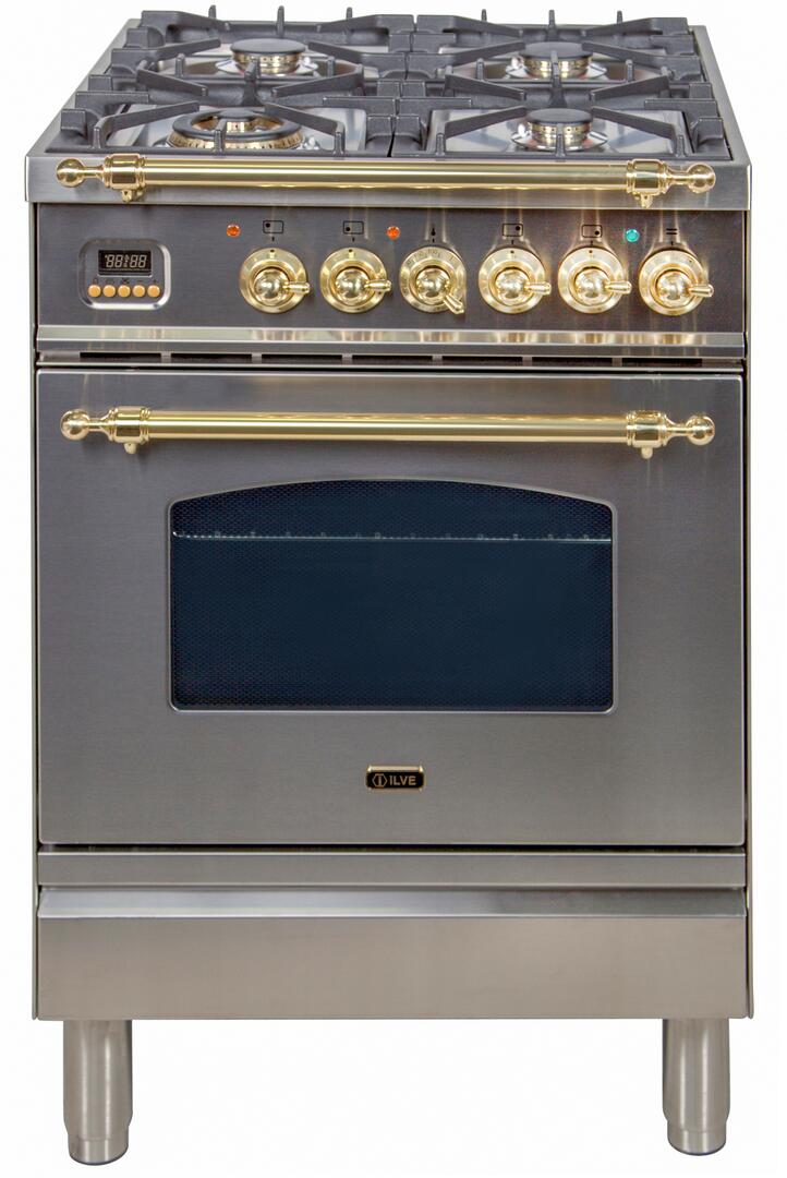 ILVE 24" Nostalgie - Dual Fuel Range with 4 Sealed Burners - 2.44 cu. ft. Oven - Brass Trim in Stainless Steel (UPN60DMPI)