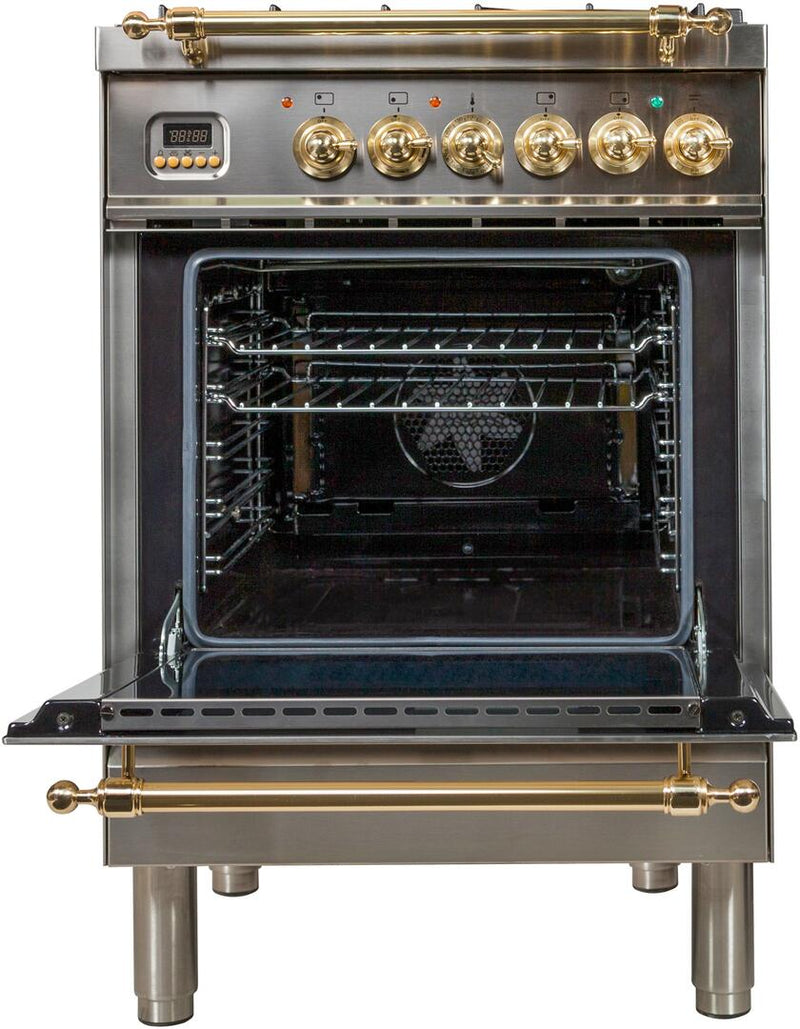 ILVE 24" Nostalgie - Dual Fuel Range with 4 Sealed Burners - 2.44 cu. ft. Oven - Brass Trim in Stainless Steel (UPN60DMPI)