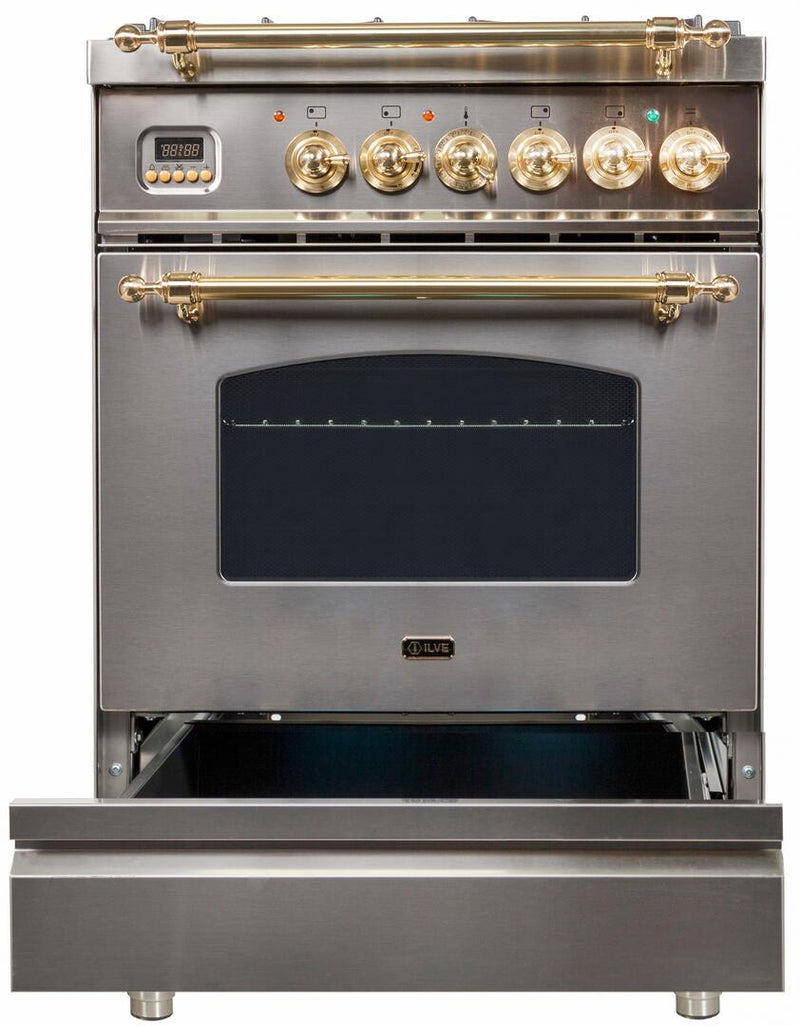 ILVE 24" Nostalgie - Dual Fuel Range with 4 Sealed Burners - 2.44 cu. ft. Oven - Brass Trim in Stainless Steel (UPN60DMPI)