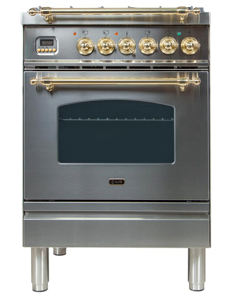 ILVE 24" Nostalgie - Dual Fuel Range with 4 Sealed Burners - 2.44 cu. ft. Oven - Brass Trim in Stainless Steel (UPN60DMPI)