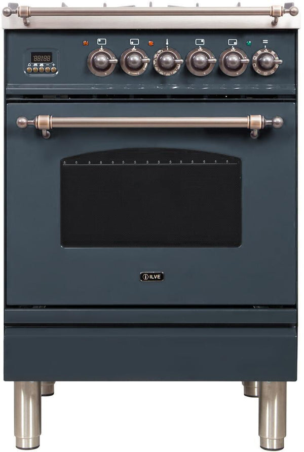 ILVE 24" Nostalgie - Dual Fuel Range with 4 Sealed Burners - 2.44 cu. ft. Oven - Bronze Trim in Blue Grey (UPN60DMPGUY)