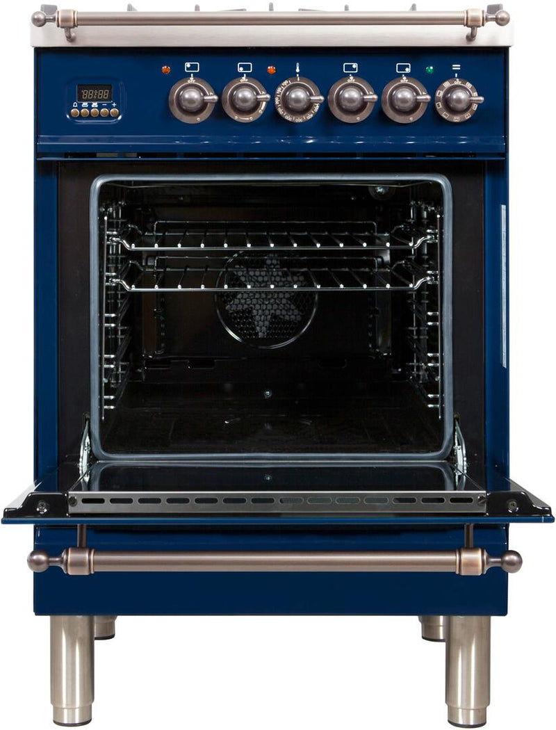 ILVE 24" Nostalgie - Dual Fuel Range with 4 Sealed Burners - 2.44 cu. ft. Oven - Bronze Trim in Blue (UPN60DMPBLY)
