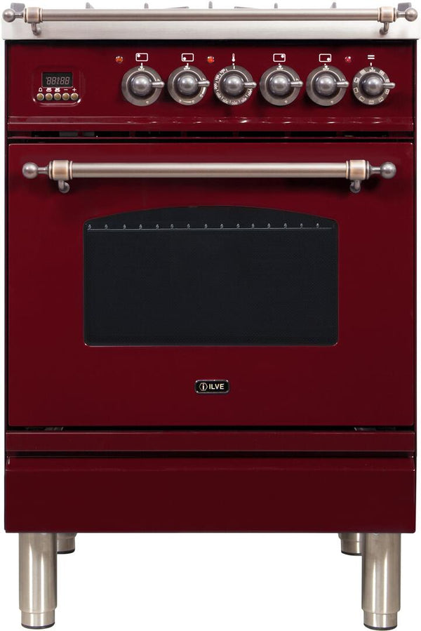 ILVE 24" Nostalgie - Dual Fuel Range with 4 Sealed Burners - 2.44 cu. ft. Oven - Bronze Trim in Burgundy (UPN60DMPRBY)