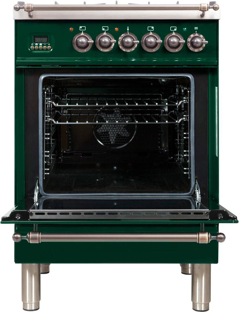 ILVE 24" Nostalgie - Dual Fuel Range with 4 Sealed Burners - 2.44 cu. ft. Oven - Bronze Trim in Emerald Green (UPN60DMPVSY)