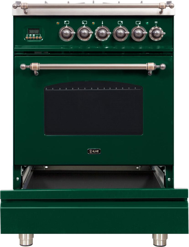 ILVE 24" Nostalgie - Dual Fuel Range with 4 Sealed Burners - 2.44 cu. ft. Oven - Bronze Trim in Emerald Green (UPN60DMPVSY)