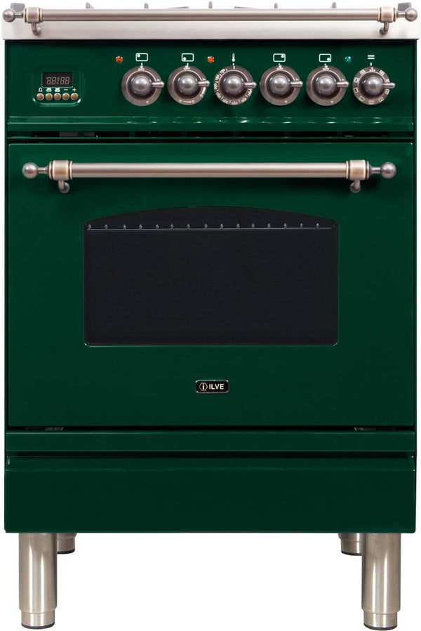 ILVE 24" Nostalgie - Dual Fuel Range with 4 Sealed Burners - 2.44 cu. ft. Oven - Bronze Trim in Emerald Green (UPN60DMPVSY)