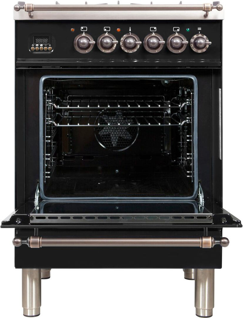 ILVE 24" Nostalgie - Dual Fuel Range with 4 Sealed Burners - 2.44 cu. ft. Oven - Bronze Trim in Glossy Black (UPN60DMPNY)