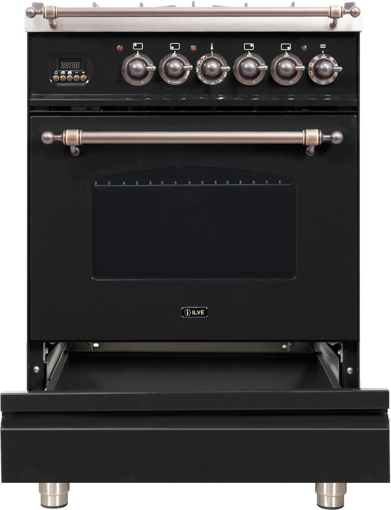 ILVE 24" Nostalgie - Dual Fuel Range with 4 Sealed Burners - 2.44 cu. ft. Oven - Bronze Trim in Glossy Black (UPN60DMPNY)