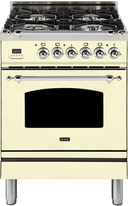 ILVE 24" Nostalgie - Dual Fuel Range with 4 Sealed Burners - 2.44 cu. ft. Oven - Chrome Trim in Antique White (UPN60DMPAX)