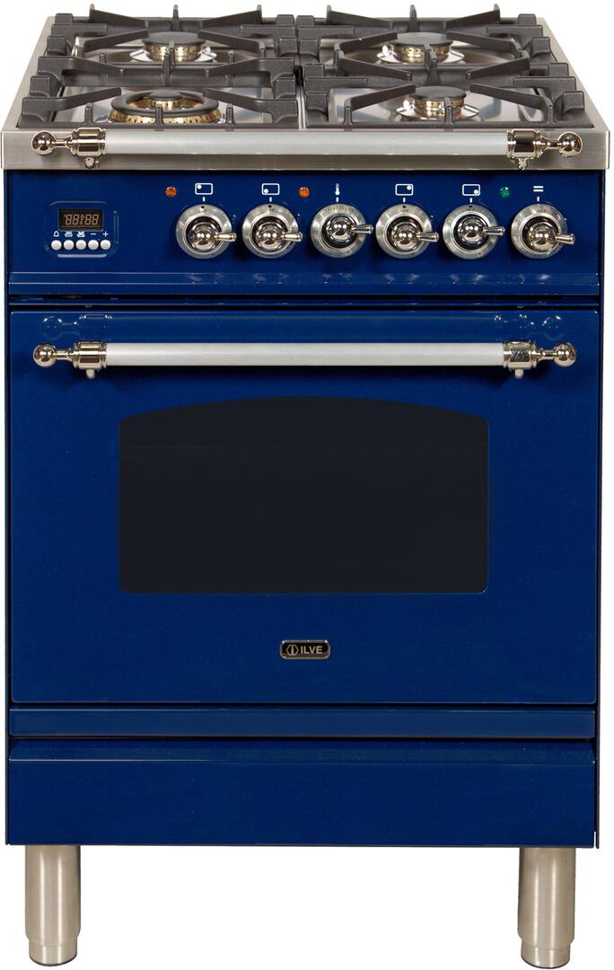 ILVE 24" Nostalgie - Dual Fuel Range with 4 Sealed Burners - 2.44 cu. ft. Oven - Chrome Trim in Blue (UPN60DMPBLX)