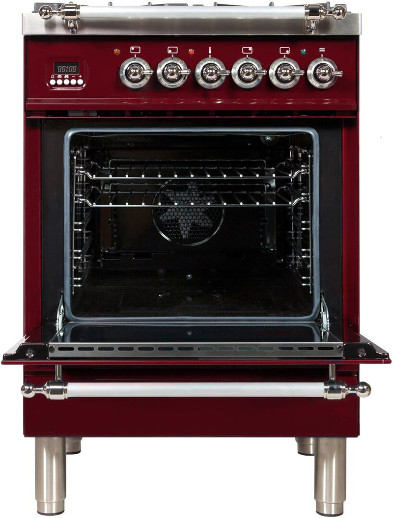 ILVE 24" Nostalgie - Dual Fuel Range with 4 Sealed Burners - 2.44 cu. ft. Oven - Chrome Trim in Burgundy (UPN60DMPRBX)