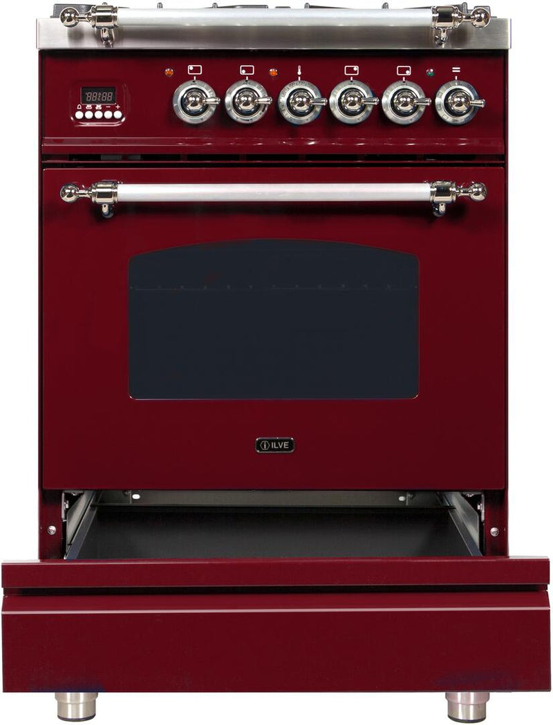 ILVE 24" Nostalgie - Dual Fuel Range with 4 Sealed Burners - 2.44 cu. ft. Oven - Chrome Trim in Burgundy (UPN60DMPRBX)