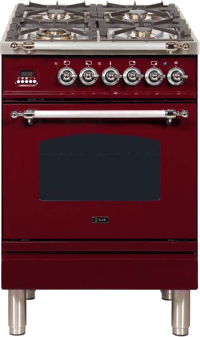 ILVE 24" Nostalgie - Dual Fuel Range with 4 Sealed Burners - 2.44 cu. ft. Oven - Chrome Trim in Burgundy (UPN60DMPRBX)