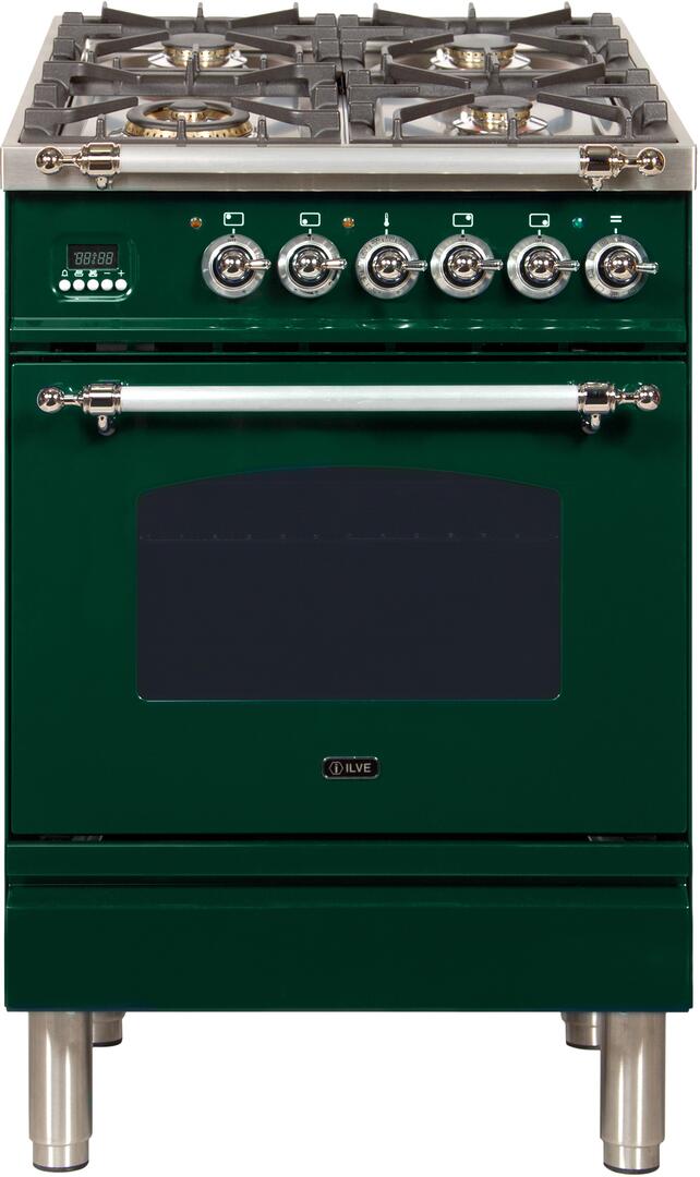 ILVE 24" Nostalgie - Dual Fuel Range with 4 Sealed Burners - 2.44 cu. ft. Oven - Chrome Trim in Emerald Green (UPN60DMPVSX)