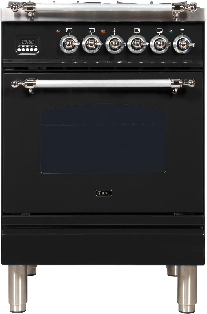 ILVE 24" Nostalgie - Dual Fuel Range with 4 Sealed Burners - 2.44 cu. ft. Oven - Chrome Trim in Glossy Black (UPN60DMPNX)