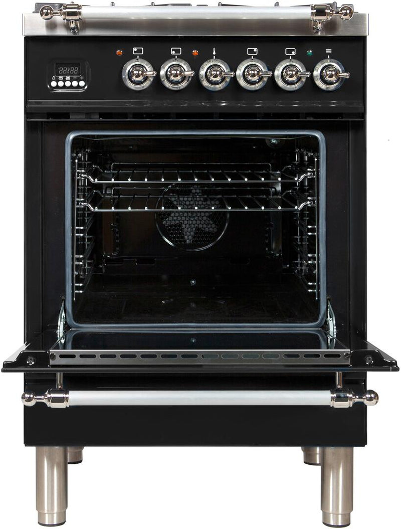 ILVE 24" Nostalgie - Dual Fuel Range with 4 Sealed Burners - 2.44 cu. ft. Oven - Chrome Trim in Glossy Black (UPN60DMPNX)