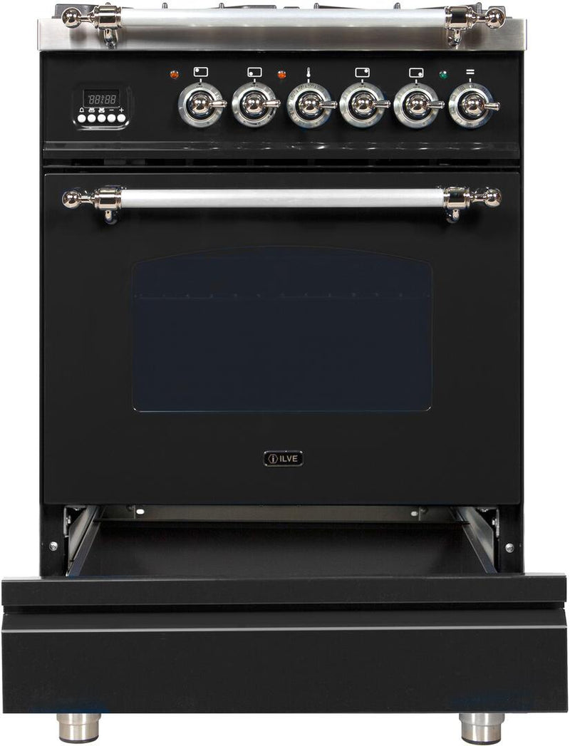 ILVE 24" Nostalgie - Dual Fuel Range with 4 Sealed Burners - 2.44 cu. ft. Oven - Chrome Trim in Glossy Black (UPN60DMPNX)