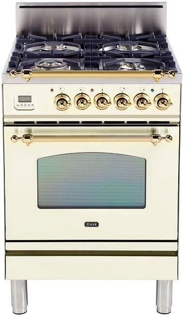 ILVE 24" Nostalgie Gas Range with 4 Brass Sealed Burners - 2.4 cu. ft. Oven - Brass Trim in Antique White (UPN60DVGGA)