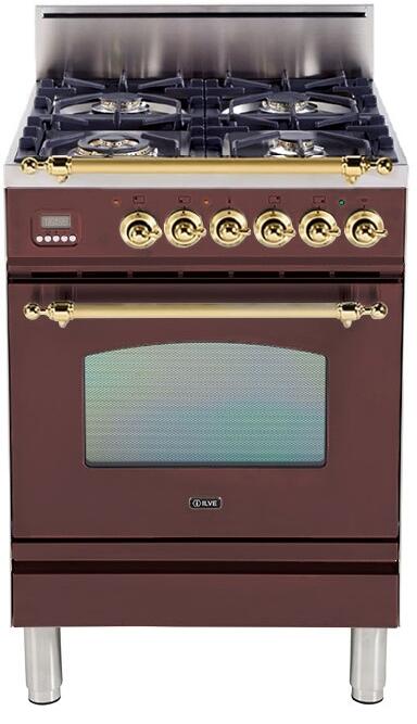 ILVE 24" Nostalgie Gas Range with 4 Brass Sealed Burners - 2.4 cu. ft. Oven - Brass Trim in Burgundy (UPN60DVGGRB)