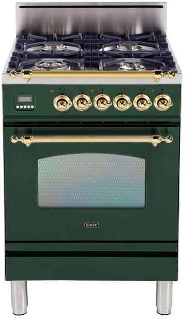 ILVE 24" Nostalgie Gas Range with 4 Brass Sealed Burners - 2.4 cu. ft. Oven - Brass Trim in Emerald Green (UPN60DVGGVS)