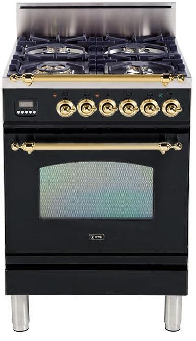 ILVE 24" Nostalgie Gas Range with 4 Brass Sealed Burners - 2.4 cu. ft. Oven - Brass Trim in Gloss Black (UPN60DVGGN)