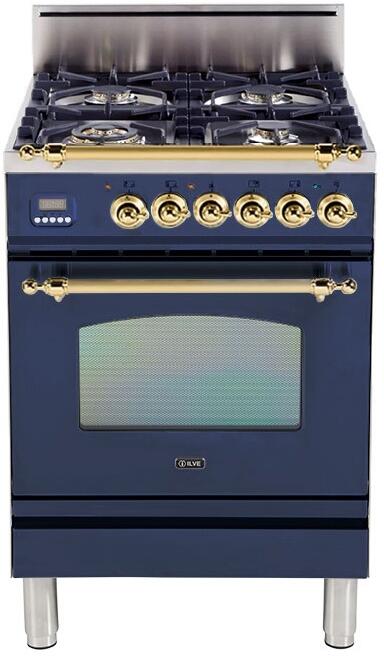 ILVE 24" Nostalgie Gas Range with 4 Brass Sealed Burners - 2.4 cu. ft. Oven - Brass Trim in Midnight Blue (UPN60DVGGBL)